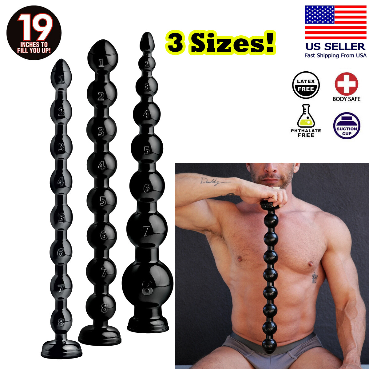 Plug Anal Progressif Fileté Avec Ventouse - Longueur 31.5cm, Silicone Noir - Sextoy Unisexe Neuf