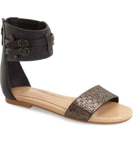 SANDALO UGG "SAVANA" CESTINO METALLIZZATO NERO GOFFRATO CINTURINO ALLA CAVIGLIA TAGLIA 5~NUOVO