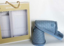 MICHAEL KORS Logo Jacquard Janis Blue Faux Fur Padded Slip-On Slippers Wms 8 NIB