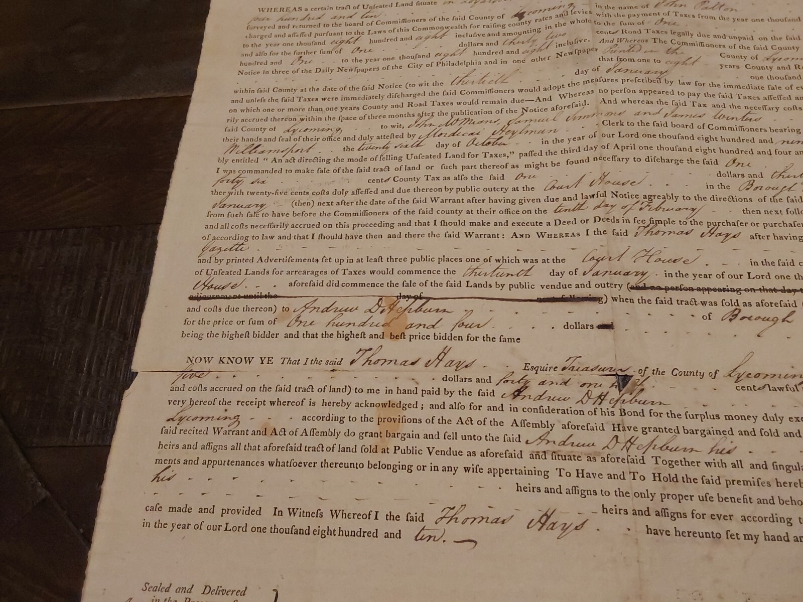 1810 Land Deed Loyalsock Twp County PA John Patton Thomas Hays