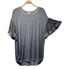 Umgee Womens High Low T-Shirt Dress Size Small Gray Lace Ruffle Detail Sleeve