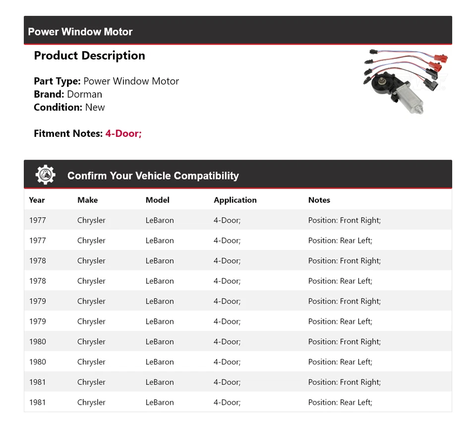 Motor de ventana eléctrica Dorman de 4 puertas para Chrysler LeBaron 1977-1981 1978 1979 1980 Foto 2 de 4