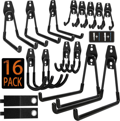 Steel Garage Storage Hooks - 16 Pack Anti-Slip Coating, Heavy Duty Wall Mount Ho