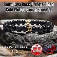 Lava Rock Matte Finish Gold Plated Crown Stretch Beaded Bracelet Wrist Sz 8-9