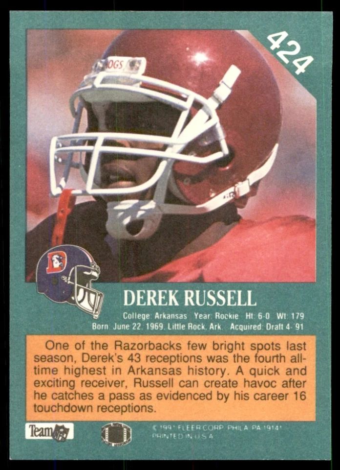 1991 FLEER DEREK RUSSELL DENVER BRONCOS #424 - Image 2 of 2