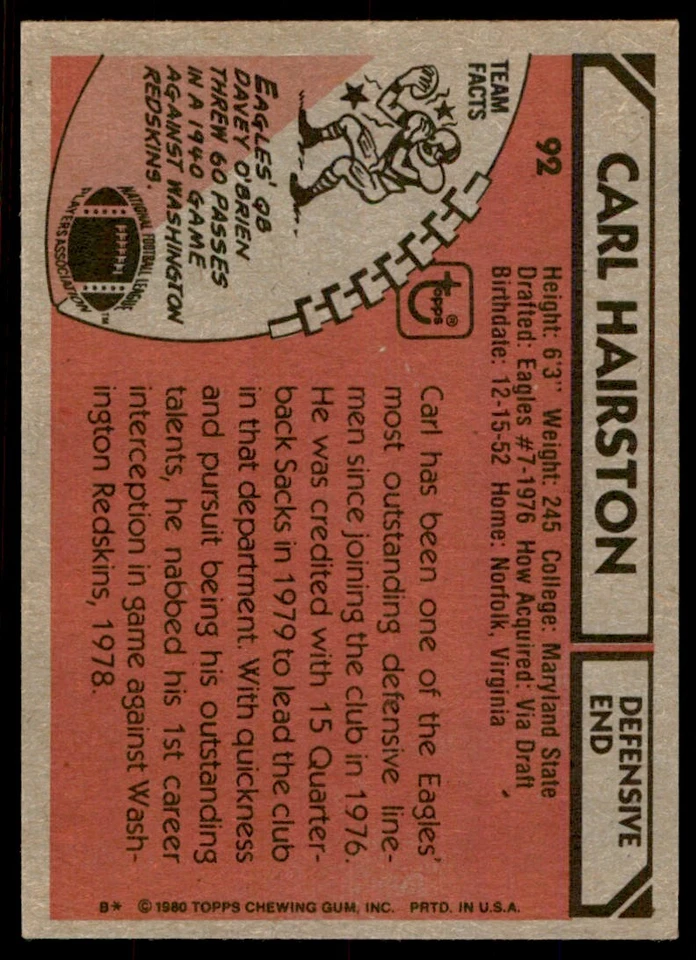 1980 TOPPS FOOTBALL CARL HAIRSTON PHILADELPHIA EAGLES #92 - Image 2 of 2