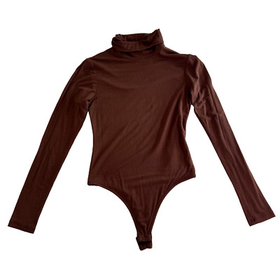Naked Wardrobe Bodysuit Small Brown Long Sleeve NW Turtleneck Thong Closure
