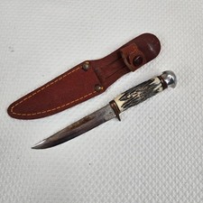 Vintage 60s Fixed Blade Dagger Knife Stag Handle Leather Sheath Japan EA Co
