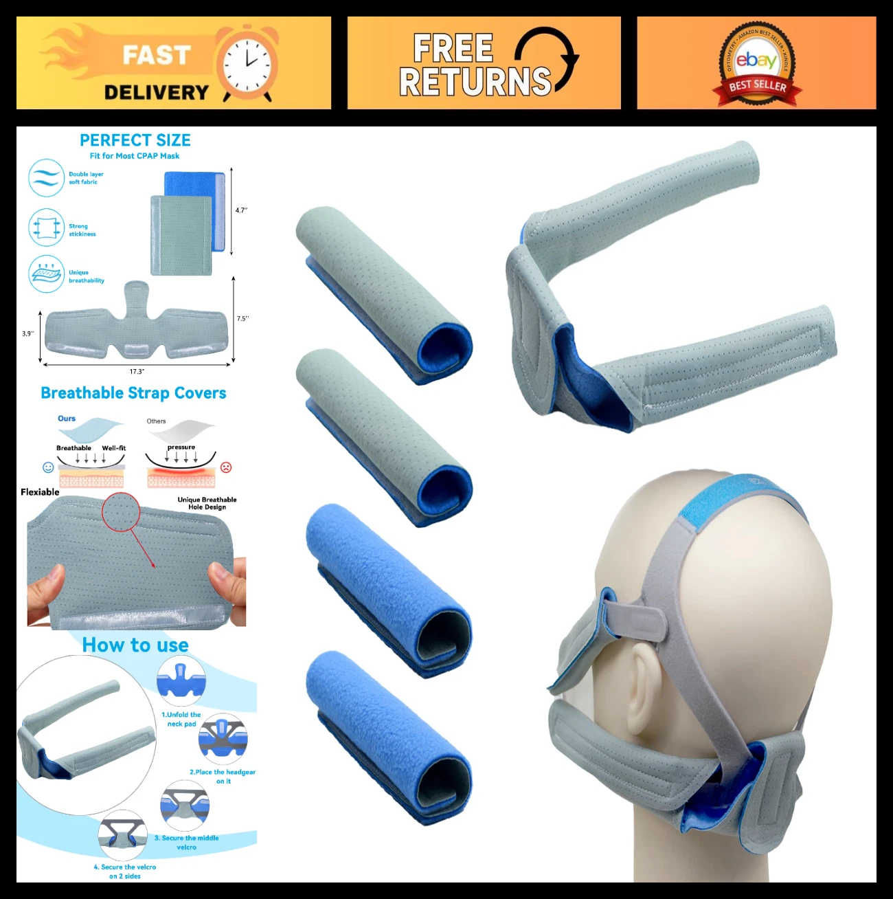Cooling Neck Strap Pads Kit - 5 Soft Fleece Headgear Covers for Full Face Masks,