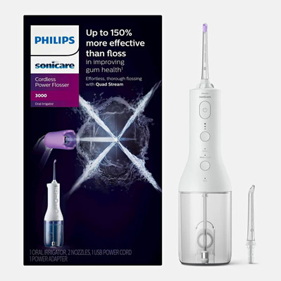 Philips Sonicare Cordless Power Flosser 3000 Water Flosser, White w/ Tips