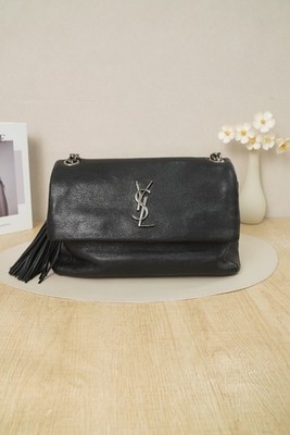 Saint Laurent Medium Bag Black Goatskin Leather Silver YSL Monogram Chain Flap