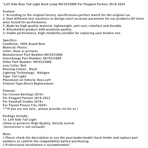 Left Side Rear Tail Light Back Lamp 9819235880 For Peugeot Partner 2018-2024 S11 - Picture 13 of 13