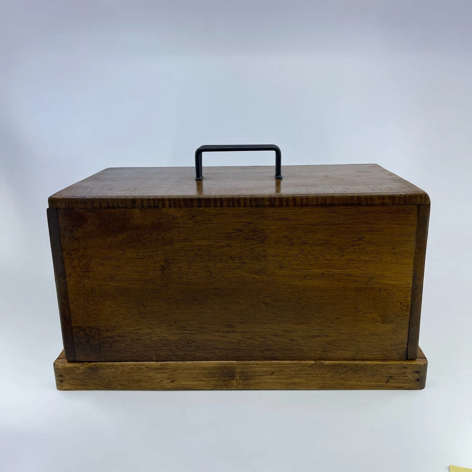 vintage wooden bread box with removable slatted tray & metal handles