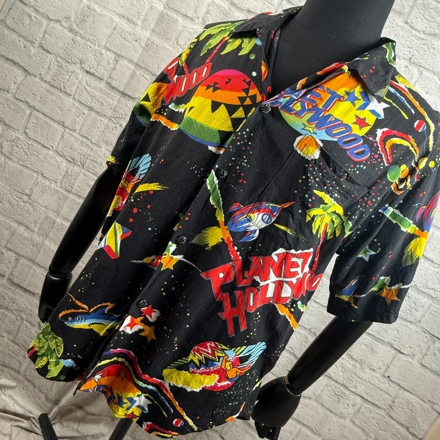 VTG Planet Hollywood Camisa Boton Abotonada Negro Hombre L 1991