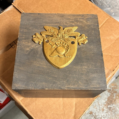 Wood & Metal Hinged Storage Box w/ USMA West Point Crest, Black/Gold 10in