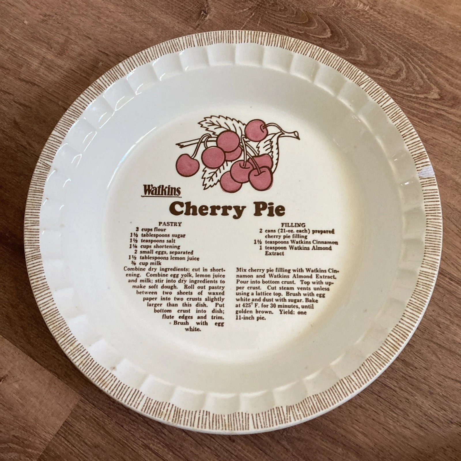 Vintage Watkins 11" Stoneware Cherry Pie Plate with Recipe #6294
