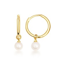 14K Yellow Gold Pearl Drop Huggie Earrings