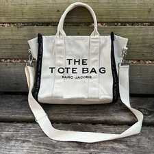Marc Jacobs The Tote Bag Medium Canvas Sand Black Logo Crossbody Shoulder Bag