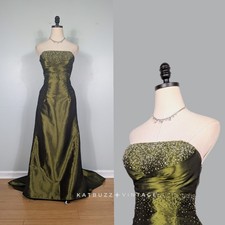 Vintage Flirt Sottero Prom Dress Maxi Gown 4P Green Goth Strapless Glam Y2K Bead