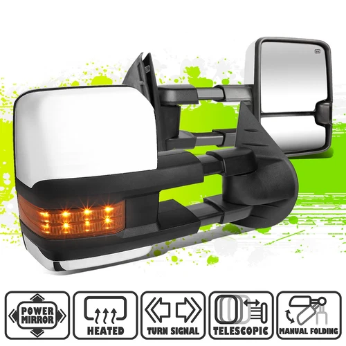Chrome Powered Heated Amber LED Signal Towing Mirror for Sierra Silverado 07-14