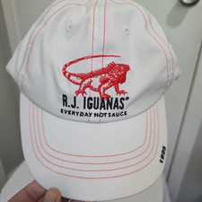 Mens Vtg Strap Back Baseball Hat R.J. IGUANAS EVERYDAY HOT SAUCE White Red Logo