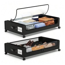 New 2 Pack Under Bed Storage Bins Wheels Clear Lid Black Gray Organizer