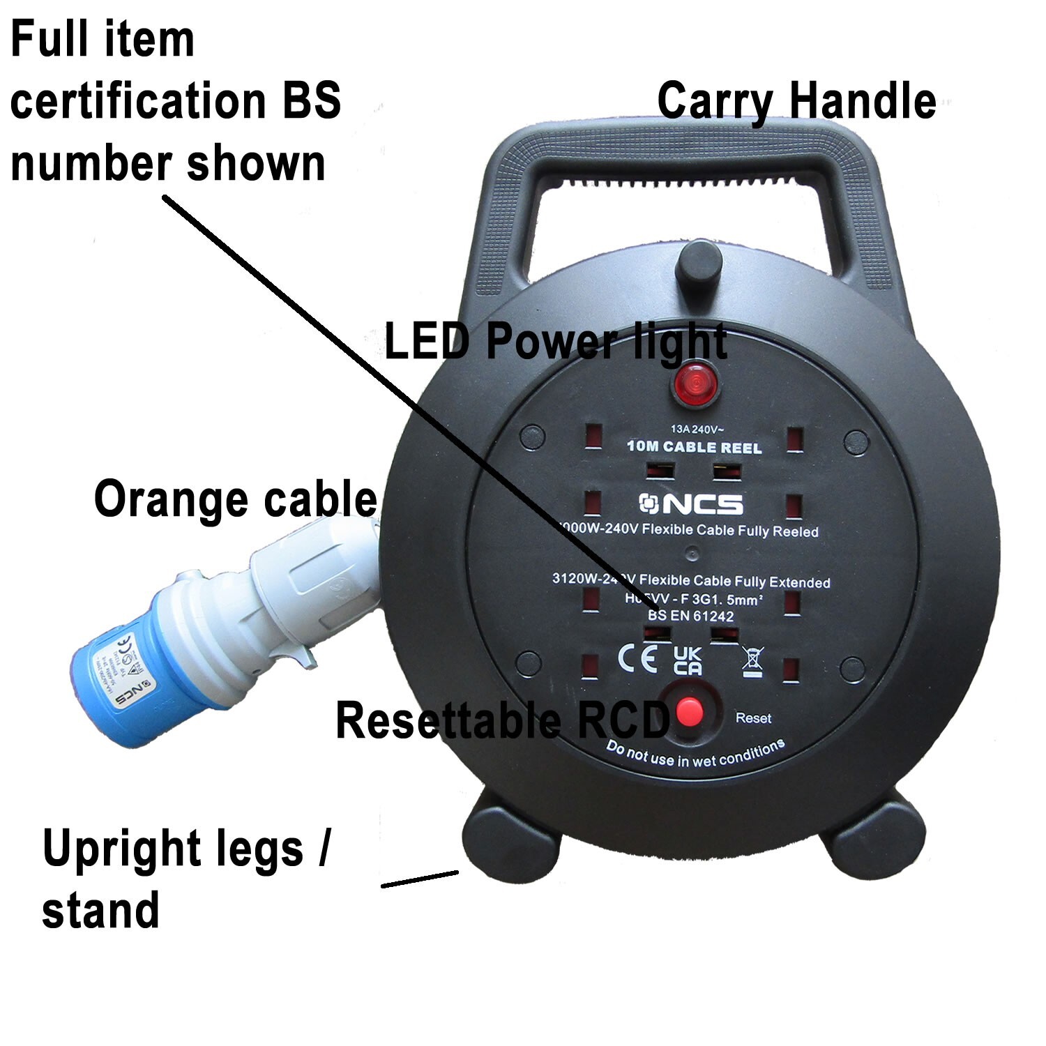 10m Camping Electric Mains Hook Up Reel Caravan Site Power Cable 16A