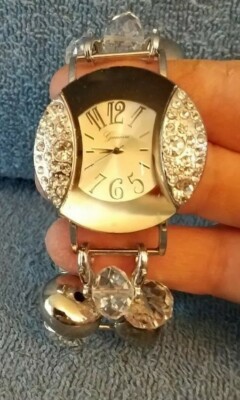 Geneva White Face Clear & Silver Bead Stretch Wrist Watch Rhinestones 