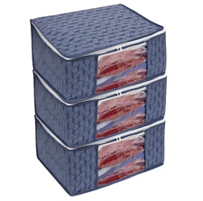 Printed Saree Cover Set of 3 Non-Woven Cloth Storage/Wardrobe Organize NavyBlue