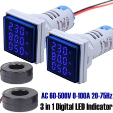 2PC 3-in-1 22mm Digital LED Indicator AC 60-500V 0-100A Volt Amp Frequency Meter