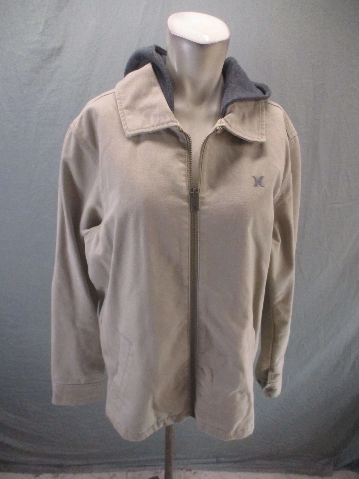 HURLEY Size M Mens Beige 100% Cotton Full Zip Collared Pocket Trucker Jacket 792