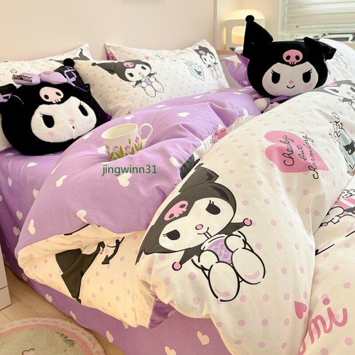 Cartoon Kuromi Sweet Grid Bedding Sheet Pillowcases Quilt Cover Bed Linings Set - Picture 3 of 26