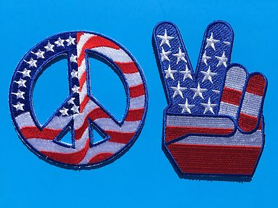 SET OF 2 USA AMERICAN FLAG PEACE SIGN VICTORY + ROUND EMBROIDERED PATCH (~ 3'') 