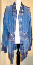 Vintage Chi By Falchi Blue Suede / Crochet Trim L/s Open Front Jacket Sz: 1x