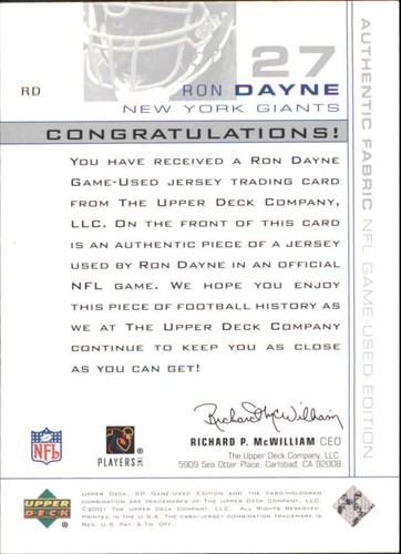 B4413- 2001 SP Game Used Edition Authentic Fabric #RD Ron Dayne Jersey - NM-MT - Picture 2 of 2