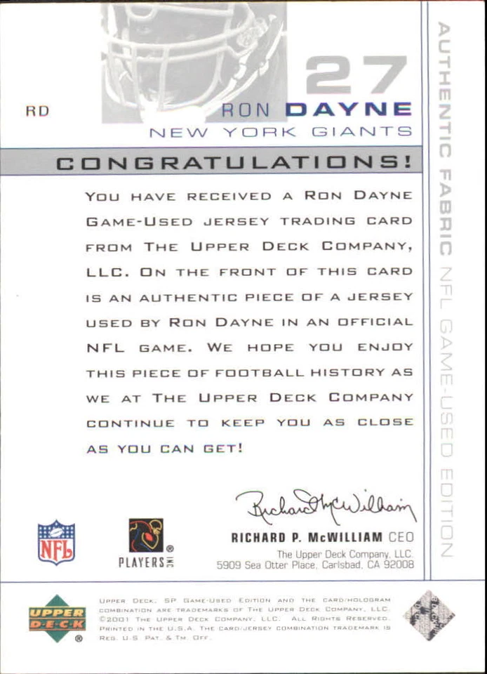 B4413- 2001 SP Game Used Edition Authentic Fabric #RD Ron Dayne Jersey - NM-MT - Image 2 of 2