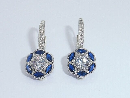 Ladies 925 Sterling Solid Silver Blue & White Sapphire Leverback Earrings - Picture 1 of 6