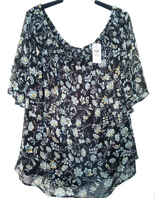 Torrid 4 4X Floral Blouse Top Off Shoulder Smocked  Flutter Sleeve Pull over