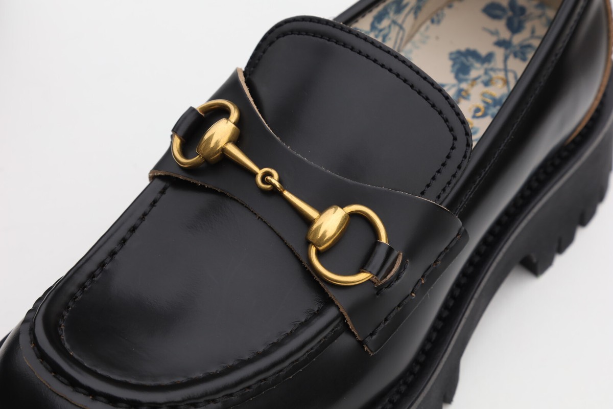 GUCCI 577236 Cordovan Lux Lug Sole Black Gold Horsebit Bee GUCCI 577236 Cordovan Lux Lug Sole Black Gold Horsebit Bee