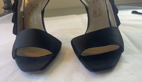 Salvatore Ferragamo Black Satin Bow Dressy High Heels Logo Plack Back~8 1/2B~EUC - Picture 8 of 11
