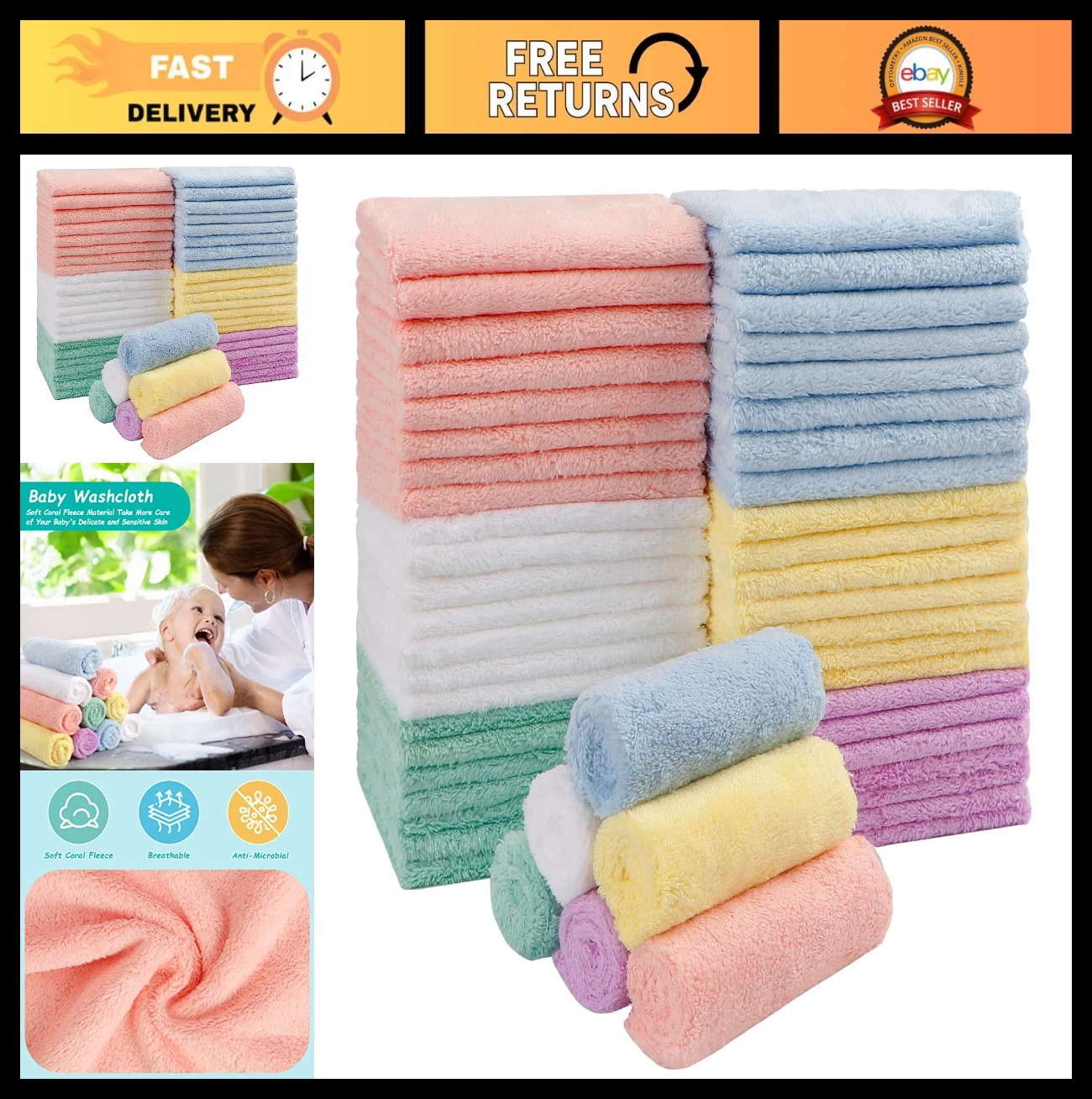 HOMEXCEL Baby Washcloths 50 Pack Microfiber Soft Absorbent 7 x 9 Inch