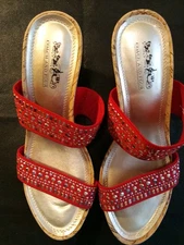 Coach And Four - Cork Wedge Sandals, Two Red Fabric Straps Accented With Gold...