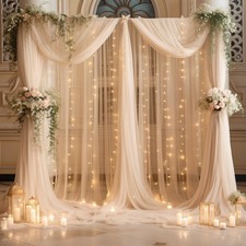 10ft x Champagne Backdrop Curtain with Lights String for Parties, Sheer Wedding
