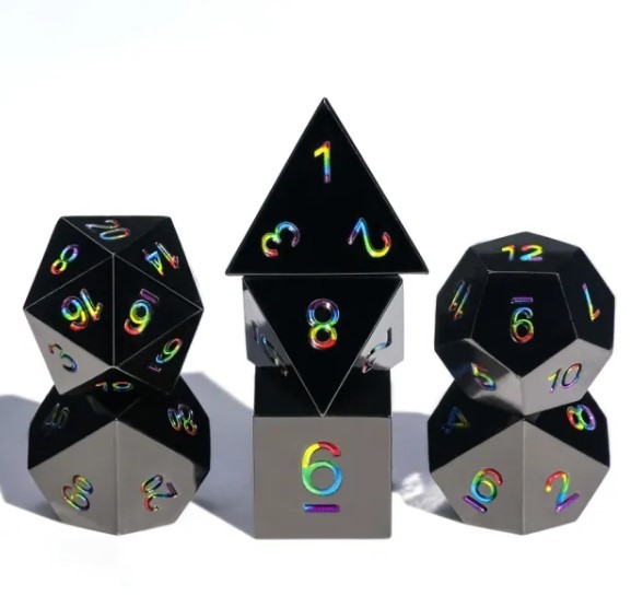 Наборы металлических кубиков Galactic Dice Премиум-класса - Темно-радужный набор из 7 кубиков в жестяной упаковке