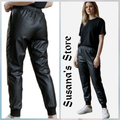 NEW BCBG MAXAZRIA SIZE S BLACK FAUX LEATHER STRETCH WAISTBAND KNIT CUFF JOGGERS