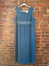 Vintage Sleeveless Denim Jumper Dress, Floral Embroidery