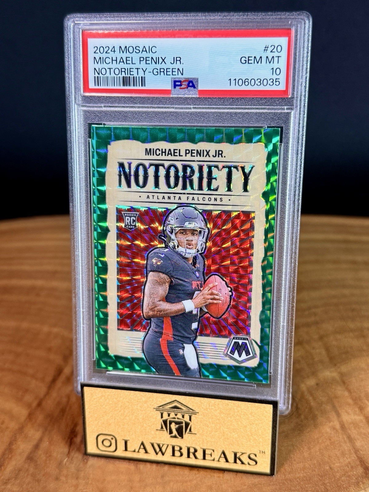 2024 PANINI MOSAIC NOTORIETY GREEN PRIZM RC #20 - MICHAEL PENIX JR. - PSA 10