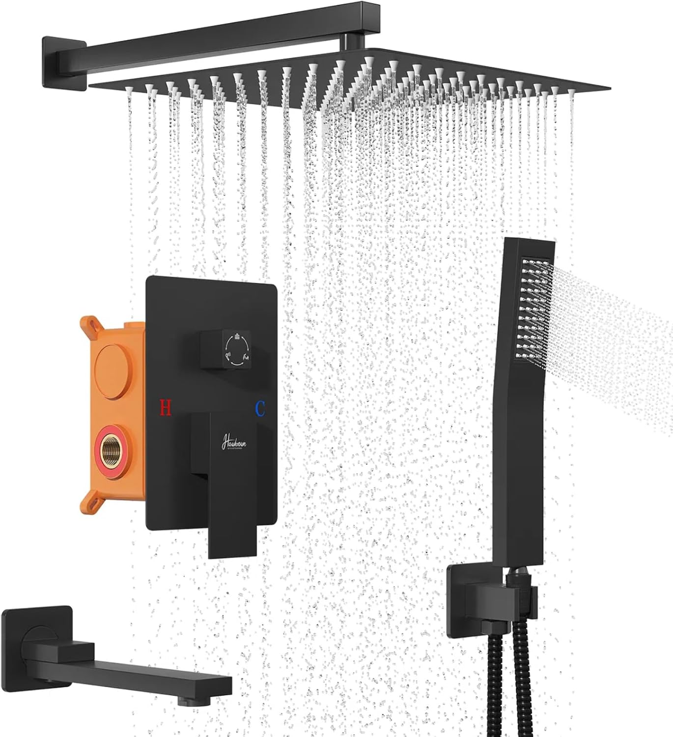 Matte Black Shower System with Tub Spout, Full Metal 10” Rainfall Shower Tub Fau