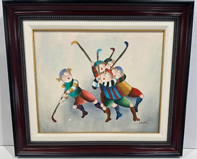 J. Roybal Signed Five Lacrosse Players Painting on Canvas Framed 27'' x 23''