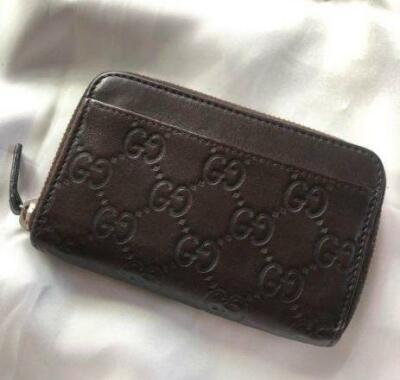 Auth Gucci Round Zip Coin Case #9911 Mini Wallet GG Brown Leather